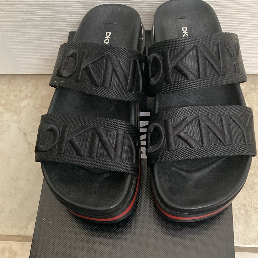 DKNY Black Platform Slides with Red Accent